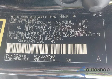 2012 Toyota Highlander Limited V6 z USA, uszkodzony, nr VIN 5TDDK3EH4CS157205